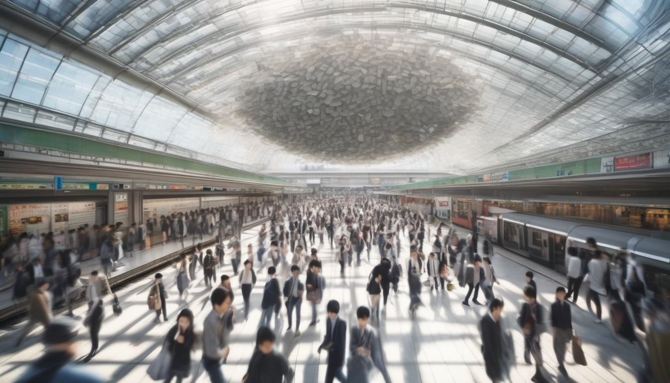駅コンコースの天井に設置されたAI監視カメラと行き交う通勤客