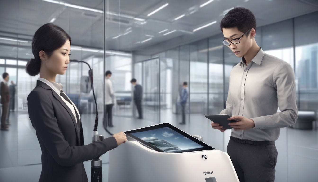 充電ステーションの警備ロボットの横でタブレットを確認する施設管理者とエンジニア