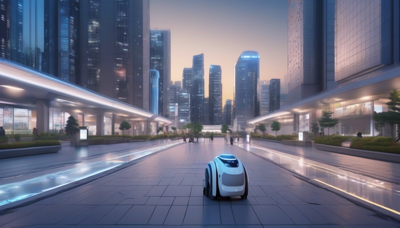 夜のスマートシティの歩道を移動する自律巡回ロボットと歩行者