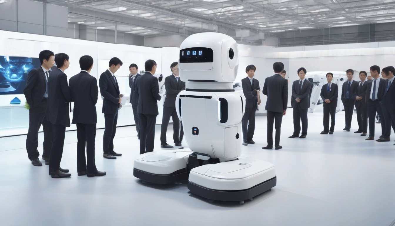 東京の展示会場で警備ロボットのデモンストレーションを見学するビジネスパーソン